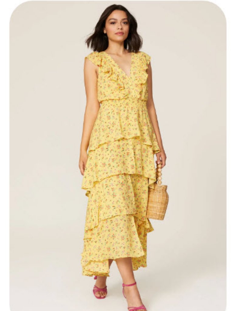 Nwt Womens Color Me Courtney (Item-623) Yellow Tiered Floral Rita Maxi Dress 4